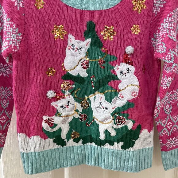 33 Degrees Cats in Christmas Tree Ugly Christmas Sweater Pink Girls Size XS 6/6X - Picture 3 of 14